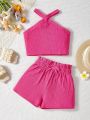 SHEIN Kids EVRYDAY Tween Girls' Knitted Solid Halter Top With Wide-Leg Shorts Two-Piece Set