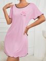 SHEIN Color-Blocked Sleep Dress With Lettering Print And Contrast Trim