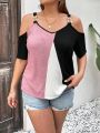 SHEIN LUNE Plus Size Color-Block Off Shoulder T-Shirt