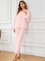 Fuzzy Cuff Pocket Patched Blouse & Pants PJ Set