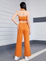 Teenage Girls' Elegant & Romantic Street Fashion Sleeveless Top & Long Pants Set With Halter Neck And Open Back