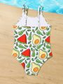 Young Girls' Fruit Printed One-Piece Swimsuit For Vacation