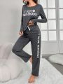 Women's Simple Printed Solid Long Sleeve Pajamas Set