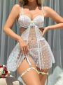 Women'S Sexy Lace Mesh Lingerie Dress 4pcs/Set Steel Ring Nightgown, Thongs, 2 Leg Rings (Valentine'S Day Edition)