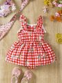Baby Girl Plaid Floral Pattern Ruffle Strap Dress