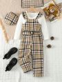 Toddler Girls' 2pcs Fashionable Leisure White Top And Long Sleeve Grid Overall