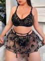 Plus Size Women'S Embroidery Mesh Sexy Lingerie 3pcs Set