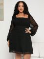 SHEIN CURVE+ Plus Size Mesh Splice Lantern Sleeve Square Neckline Dress