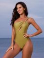 Ladies Monochrome Asymmetric Neck Hollow Out One-Piece Swimsuit