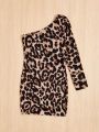 SHEIN Kids SUNSHNE Tween Girl Leopard Print One Shoulder Dress