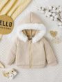 Infant Girls' Fuzzy Trim Hooded Drawstring Weave Jacket