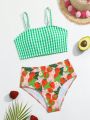 Big Girls Plaid Suspenders And Strawberry Shorts Swimsuit Two-Piece Set