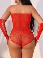 Plus Size Women'S Sexy Patchwork Feather Yarn Bodysuit Lingerie With Sleeves (Valentine'S Day Collection)