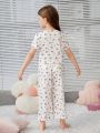 SHEIN Toddler Girls' Loose Fit Floral Print T-shirt And Long Pants Pajama Set For Home Wear