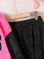 Teen Girl Letter Patched Striped Trim Drop Shoulder Teddy Jacket & Pants