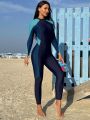 SHEIN Swim SPRTY Women's Stand Collar Color Block Long Sleeve One-Piece Swimsuit