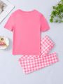 Tween Girls' Spring New Casual Home Outfit With Letter Print Short Sleeve Top And Long Pants, 2pcs/Set