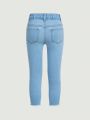 SHEIN Young Girls' New Light Blue Washed Distressed Foot-Mouthed Stretch Slim Fit Fashionable Denim Skinny Jeans