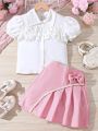 SHEIN Kids FANZEY Tween Girls' Ladylike Multi-Layered Ruffle Trim Blouse And Bowknot Decorated Skirt Set