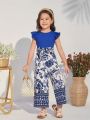 SHEIN Kids Nujoom Girls' Casual Flying Sleeve Jumpsuit With Belt, Solid Color & Printed Patchwork
