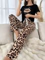 Leopard & Lip Print Bow Front PJ Set