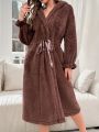 Drop Shoulder Drawstring Waist Hooded Flannel Lounge Robe