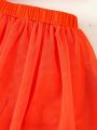 SHEIN Kids EVRYDAY Toddler Girls' Casual Orange Letter Printed Sheer Sleeve T-Shirt And Mesh Skirt 2pcs/Set