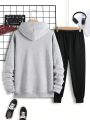 Men Bear Print Drawstring Hoodie & Sweatpants