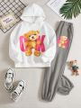 SHEIN Kids Nujoom Teen Girls' Loose Hooded Retro Cartoon Chest Print Colorblock Sweatshirt And Sweatpants Two Piece Set
