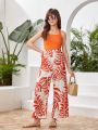 Teen Girl Tropical Print Splicing Halter Wide Leg Jumpsuit