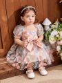 Baby Girls' Embroidered Floral Mesh Dress With Bow Decoration, Elegant & Romantic Party Dress For Festival