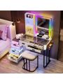 Kasibie RGB LED Lights Makeup Vanity Set,Grey Vanity Desk with Glam Glass Top&Hair Dryer Holder,Dressing table with USB&Wireless Charging Station,Makeup Desk with Visible 6Drawers,Open Storage ShelvesRGB LED Lights Makeup Vanity Set,Grey Vanity Desk