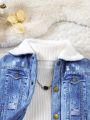 Baby Girl Borg Collar Ripped Denim Effect Teddy Lined Coat Without Sweater