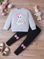 SHEIN Kids QTFun Toddler Girls' Heart Cat & Bow Printed Sweatshirt And Long Pants Set