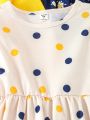 SHEIN Kids CHARMNG Toddler Girls' Romantic Polka Dots & Sunflowers Print Three-Piece Dress Set With Ruffled Hem For Spring & Autumn