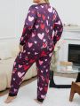 Plus Size Women's Heart Printed Long Sleeve Pajamas