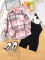 SHEIN Kids HYPEME Tween Girls Sports & Street Style Weaving Plaid Shirt And Knitted Solid Color Jumpsuit