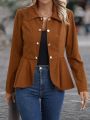 Solid Button Front Peplum Hem Corduroy Coat