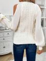 SHEIN LUNE Women'S Cable Knitted Cold Shoulder Lantern Sleeve Sweater