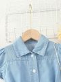 Girls' Spring Romantic And Cute Light Blue Bubble Sleeve Denim Dress Of A-Line Silhouette With Ruffle Edge And Belt