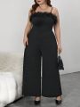 SHEIN Privé Plus Fuzzy Trim Cami Jumpsuit Without Belt