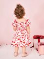 SHEIN Baby Girls' Cute Heart Pattern Bubble Hem Short Sleeve Dress