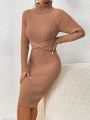 SHEIN Privé Turtleneck Raglan Sleeve Twist Front Ribbed Knit Bodycon Sweater Dress