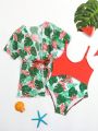 Toddler Girls Tropical Print Cut Out One Piece Swimsuit With Kimono