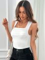 SHEIN Privé Solid Color Square Neck Pleated Tank Top