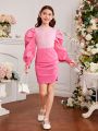 SHEIN Kids CHARMNG Teen Girls' Knitted Stand Collar Top With Woven Bubble Sleeves & Knitted Solid Color Skirt Set