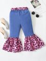 SHEIN Kids SUNSHNE Little Girls' Leopard Pattern & Denim Splicing Bell-Bottom Jeans