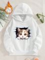 Tween Girl Cat Print Thermal Lined Hooded Sweatshirt