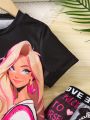 SHEIN Kids Nujoom Little Girls' Slogan & Cartoon Printed T-shirt And Long Pants Set