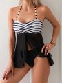 SHEIN Swim Classy Cross Detail Stripe Patterned Sleeveless Top With Slit Hem And Halter Triangle Bikini Swimsuit Set